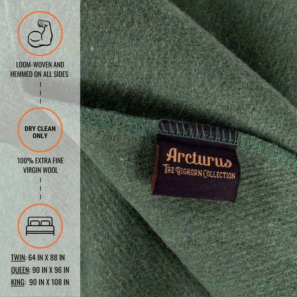 Green wool blanket with Arcturus label and fabric details on the side.